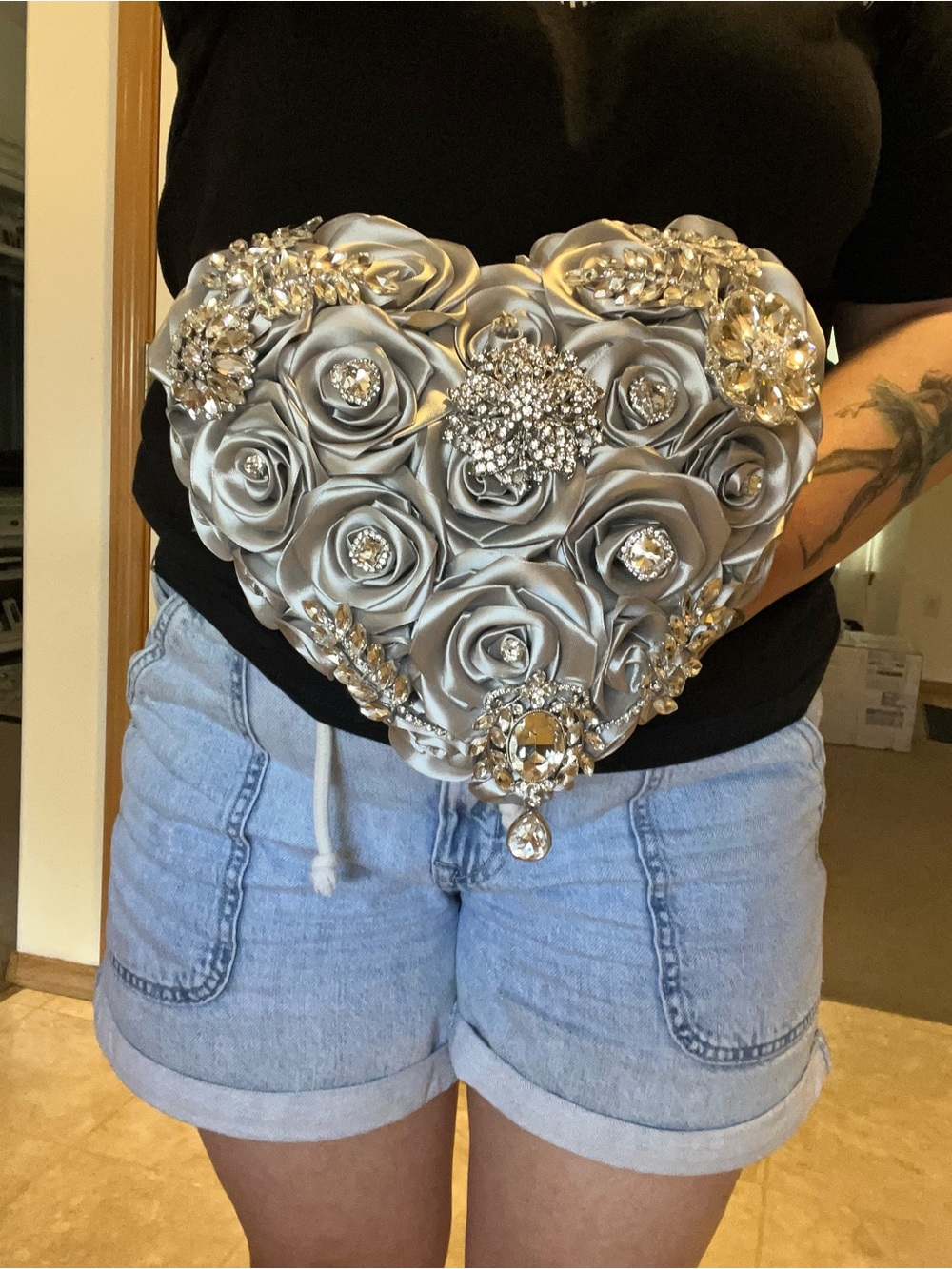Silver Rose Heart Bouquet with Crystal Embellishments